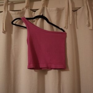Dry Goods Pink Ribbed One Shoulder Crop T-Shirt